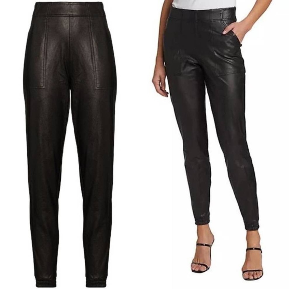 SPANX women’s black faux leather jogger pull on pants w/front‎ pockets Sz-L.G18